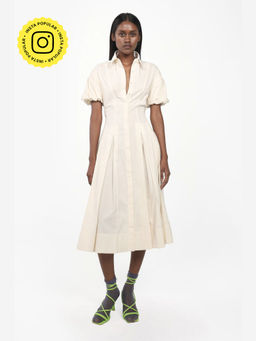 Qua - Beige Cotton Solid A-Line Dress