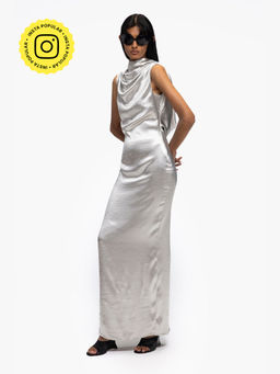 Qua - Silver Polyester Satin Solid Bodycon Dress
