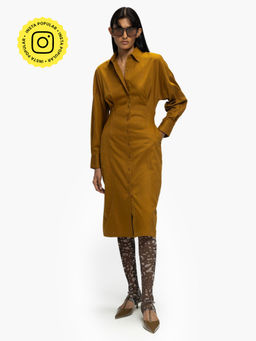 Qua - Brown Cotton Solid Shirt Dress