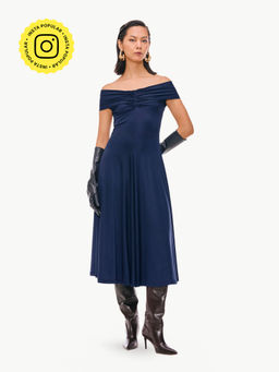 Qua - Navy Blue Polyester Solid A-Line Dress
