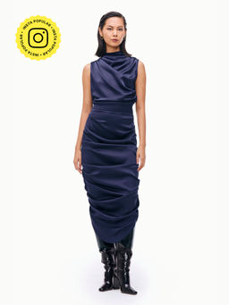 Qua - Navy Blue Polyester Solid Bodycon Dress