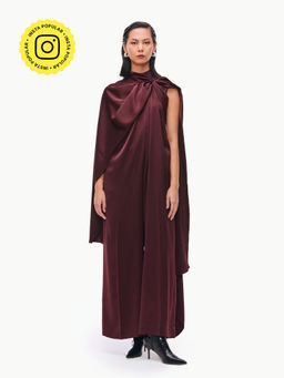 Qua - Burgundy Polyester Satin Plain Asymmetrical Jumpsuit