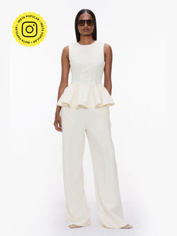 Qua - Off White Polyester Plain Round Neck Jumpsuit