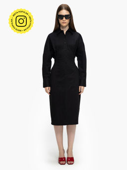 Qua - Black Pure Cotton Solid Shirt Dress