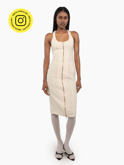 Qua - Beige Polyester Solid Bodycon Dress