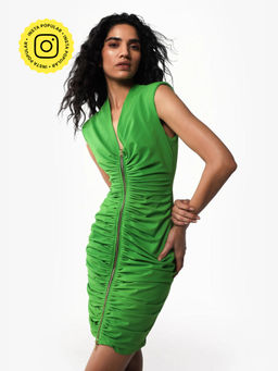 Qua - Green Polyester Pleated Bodycon Dress