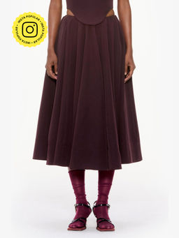 Qua - Burgundy Solid/Plain Polyester Midi Skirt