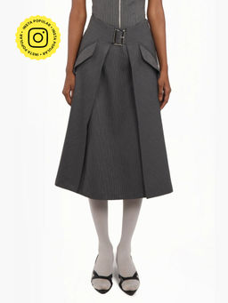 Qua - Grey Stripes Polyester Midi Skirt