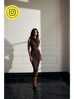 Qua - Brown Solid/Plain Polyester Midi Skirt
