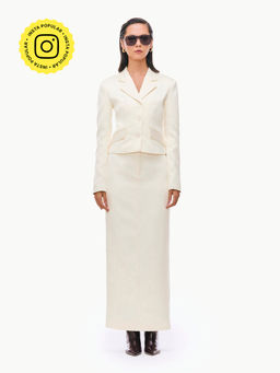 Qua - Off White Solid/Plain Polyester Satin Maxi Skirt