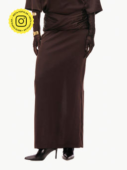 Qua - Brown Solid/Plain Polyester Maxi Skirt