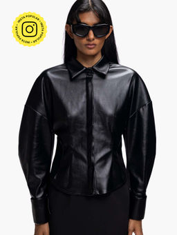 Qua - Black Solid Faux Leather Collar Neck Shirt