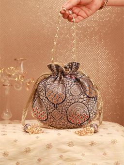 AMYRA - Kashi Pure Banarasi Silk Potli Bag - Navy