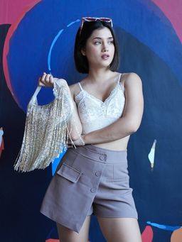 Odette - Silver Suede Embellished Handbag for Women