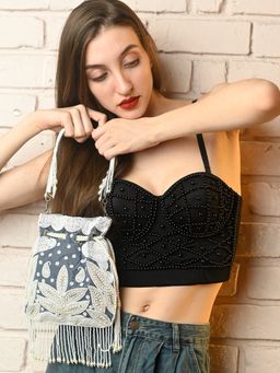 Odette - Grey Pearl Embroidered Potli Bag For Women