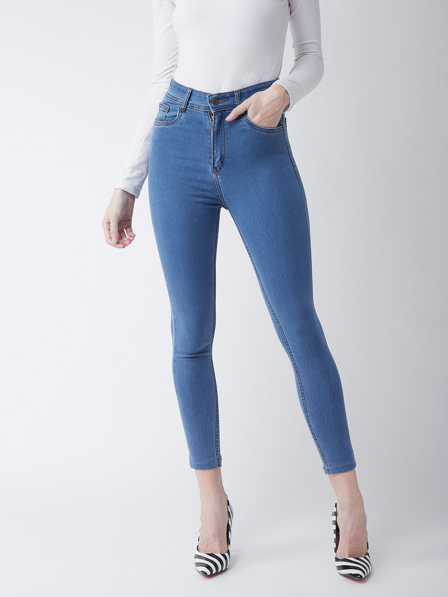 Womens Blue Skinny High-Rise Cropped Denim Jeans-image-18