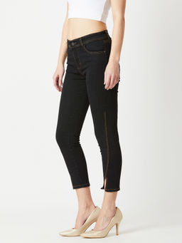 Miss Chase - Women's Black Embellished Skinny High Rise Cropped Stretchable Denim Jeans