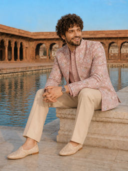 Vastramay - Pink Embroidered Men Front Open Jacket with Semi Jacket and Wide Leg Trouser