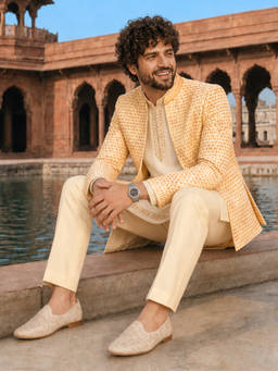Vastramay - Men Cream Embroidered Front Open Jodhpuri with Mid Length Kurta and Trouser