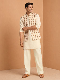 Vastramay - Men Cream Cotton Nehru Jacket with Mid Length Kurta and Wide Leg Pant Set