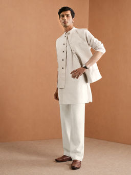 Vastramay - Men Cream Pure Cotton Nehru Jacket with Mid Length Kurta and Straight Pant Set