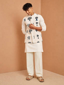 Vastramay - Men Cream Cotton Nehru Jacket with Mid Length Kurta and Wide Leg Pant Set