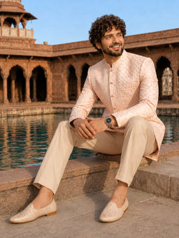 Vastramay - Pink Embroidered Men Bandhgala Jodhpuri and Wide Leg Trouser