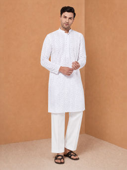 Vastramay - Men White Pure Cotton Embroidered Chikankari Kurta with Wide Leg Pant Set