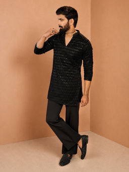 Vastramay - Men Black Velvet Embroidered Sequin Kurta with Wide Leg Pant Set
