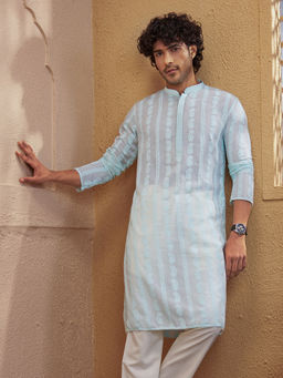 Vastramay - Men Aqua Cotton Embroidered Chikankari Kurta