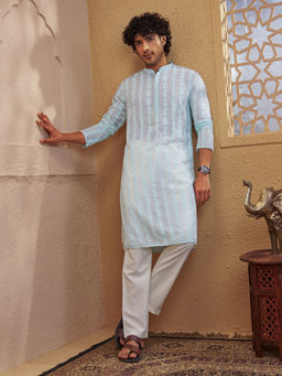 Vastramay - Men Aqua Chikankari Cotton Kurta with Cream Pyjama Set