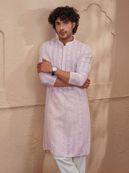 Vastramay - Men Peach Cotton Embroidered Chikankari Kurta