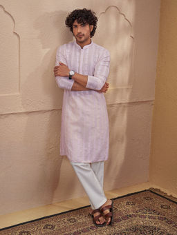 Vastramay - Men Peach Chikankari Cotton Kurta with Lavender Pyjama Set