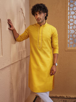 Vastramay - Men Mustard Cotton Blend Jacquard Geometric Embroidered Kurta