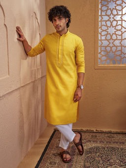 Vastramay - Men Mustard Cotton Jacquard Embroidered Kurta with White Pyjama Set