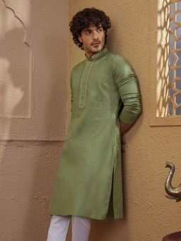 Vastramay - Men Mint Green Cotton Blend Jacquard Geometric Embroidered Kurta