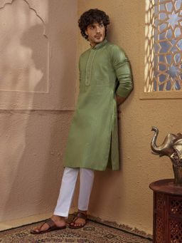 Vastramay - Men Mint Green Cotton Jacquard Embroidered Kurta with White Pyjama Set