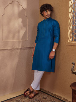 Vastramay - Men Turquoise Cotton Jacquard Embroidered Kurta with White Pyjama Set
