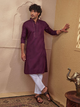 Vastramay - Men Wine Cotton Jacquard Embroidered Kurta with White Pyjama Set