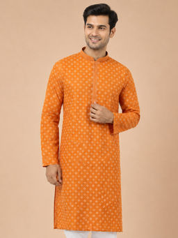 Vastramay - Men Orange Geometric Printed Cotton Straight Kurta
