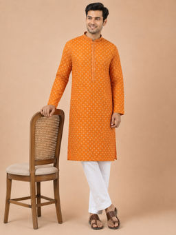 Vastramay - Men Orange Printed Cotton Kurta with White Pyjama Set