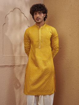 Vastramay - Men Mustard Silk Blend Sequin Embroidered Kurta