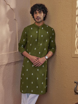 Vastramay - Men Green Cotton Jacquard Ikkat Print Chikankari Embroidered Kurta