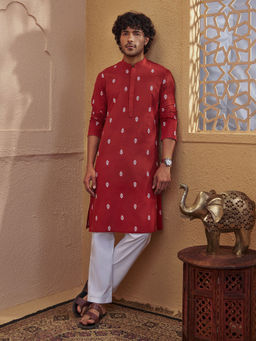 Vastramay - Men Rust Cotton Jacquard Ikat Kurta with White Pyjama Set