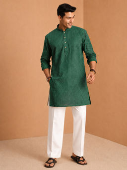 Vastramay - Men Green Jacquard Cotton Kurta with Wide-Leg Pant Set