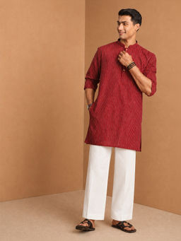 Vastramay - Men Maroon Cotton Stripes Jacquard Kurta with Wide Leg Pant Set