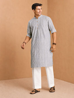 Vastramay - Men Grey Cotton Kantha Work Printed Jacquard Kurta with Wide Leg Pant Set