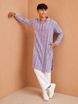 Vastramay - Men Purple Cotton Kantha Work Printed Jacquard Kurta with Wide Leg Pant Set