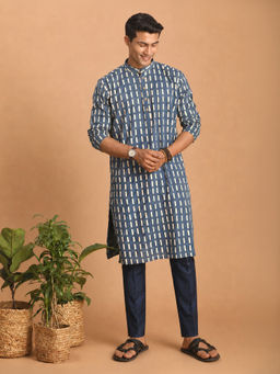 Vastramay - Men Blue Geometric Print and Kantha Work Cotton Kurta with Navy Blue Pant Set