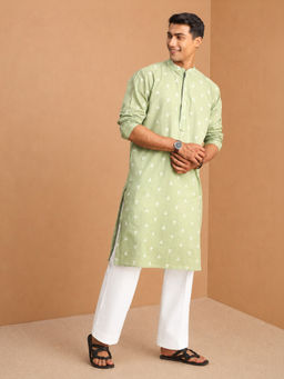 Vastramay - Men Green Cotton Jacquard Woven Geometric Pattern Kurta with Wide Leg Pant Set